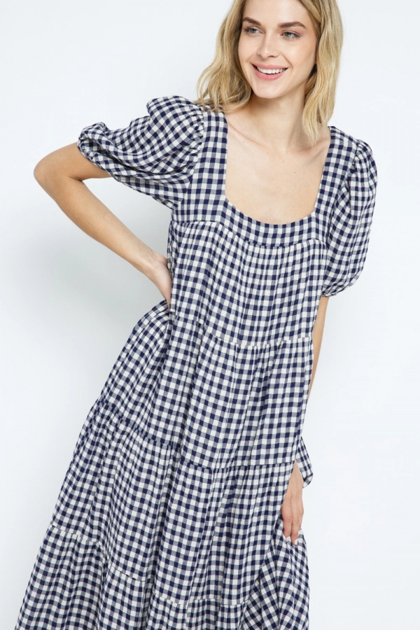 wholesale clothing navy checkered dress with ruffle details In The Beginning
