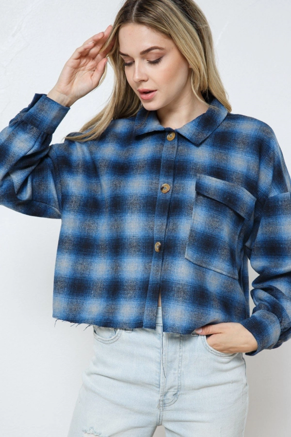 wholesale clothing blue multi plaid shirt top with button down In The Beginning