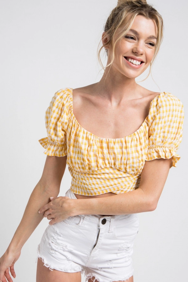 wholesale clothing yellow plaid crop top with short sleeve In The Beginning