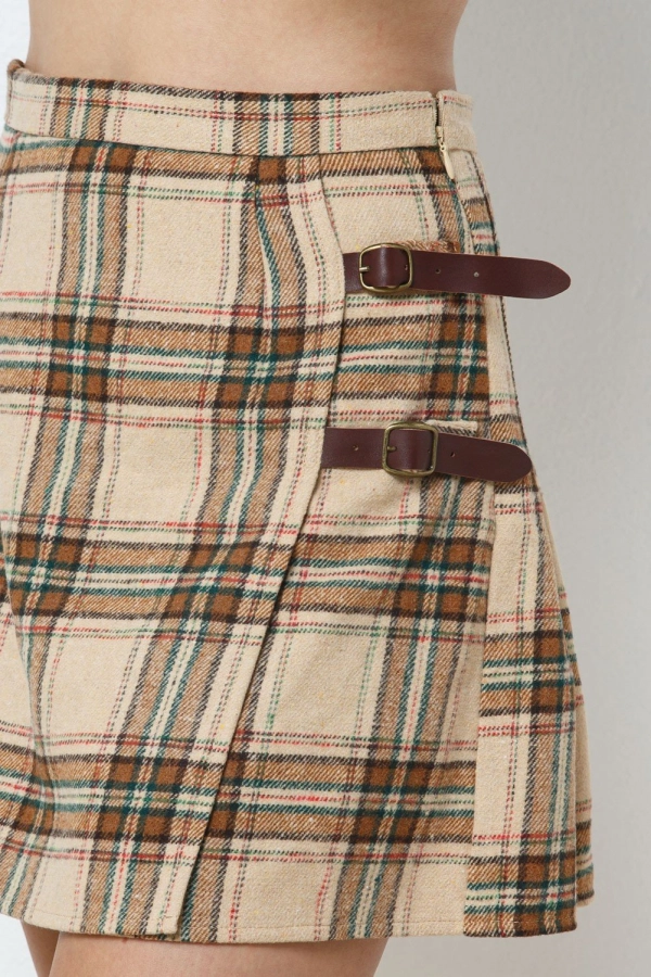 wholesale clothing taupe plaid mini skirt with buttons In The Beginning