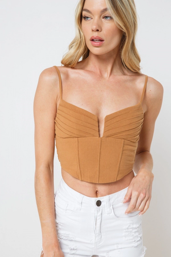 wholesale clothing tan crop top with v neck In The Beginning