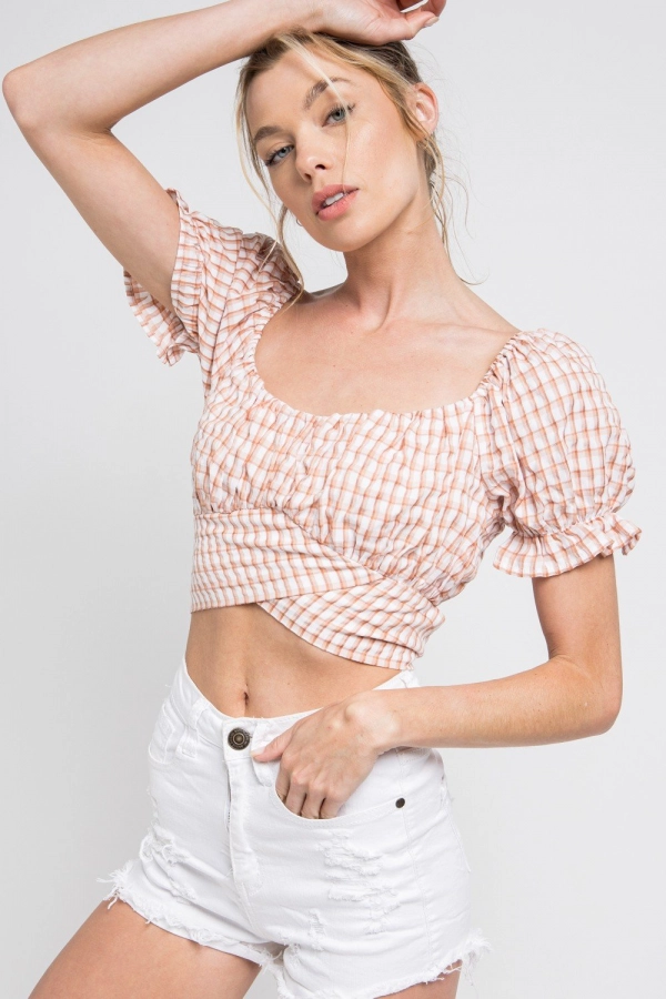wholesale clothing rust plaid crop top with short sleeve In The Beginning