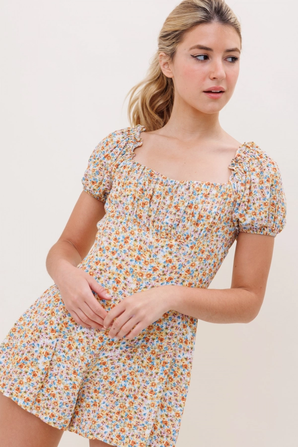 wholesale clothing yellow multi-floral romper with square neck In The Beginning
