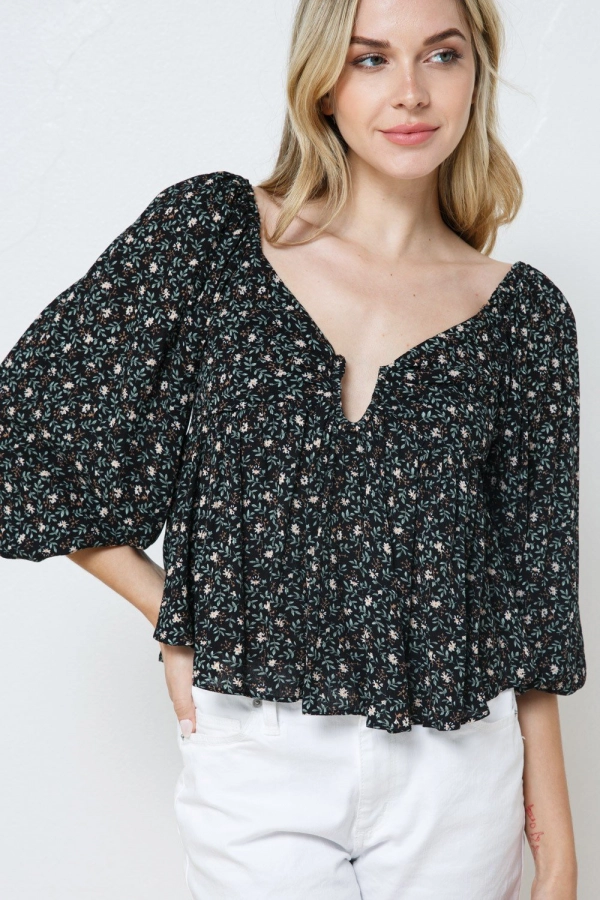 wholesale clothing black floral top with v neck and 3/4 sleeve details In The Beginning
