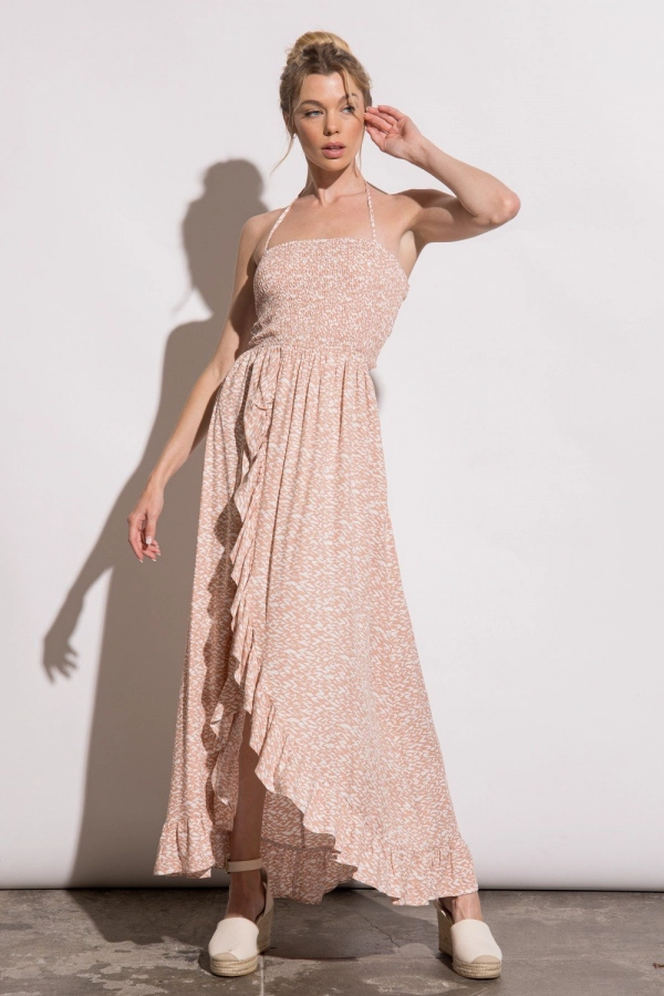 wholesale clothing blush maxi dress with spaghetti straps and front cut details In The Beginning