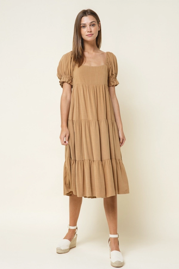 wholesale clothing camel flared midi dress with square neck In The Beginning