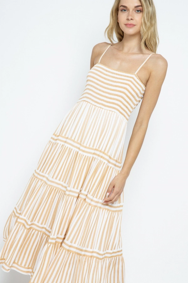 wholesale clothing mustard maxi stripe dress with square neck and spaghetti straps In The Beginning