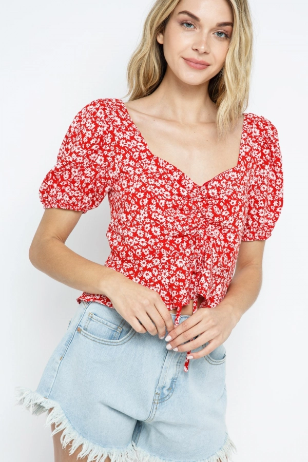 wholesale clothing red floral top with square back and short sleeve In The Beginning