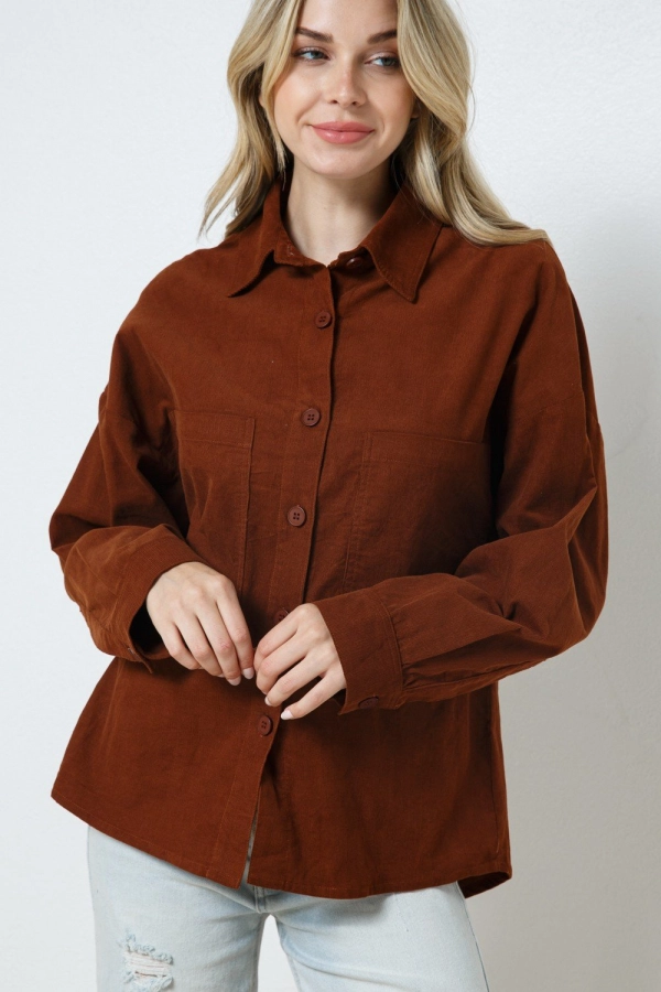 wholesale clothing brown shirt top with button down with long sleeve In The Beginning