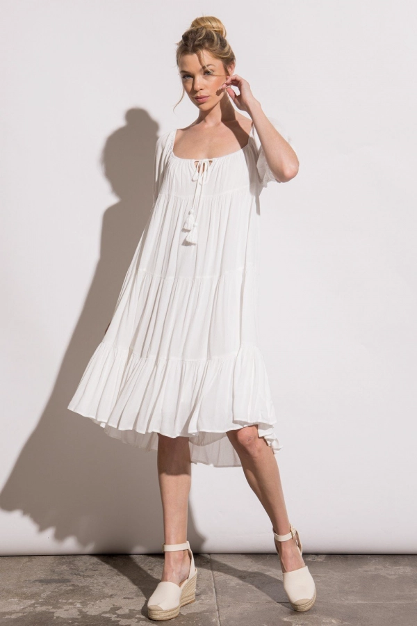 wholesale clothing off white flared midi dress with round neck In The Beginning