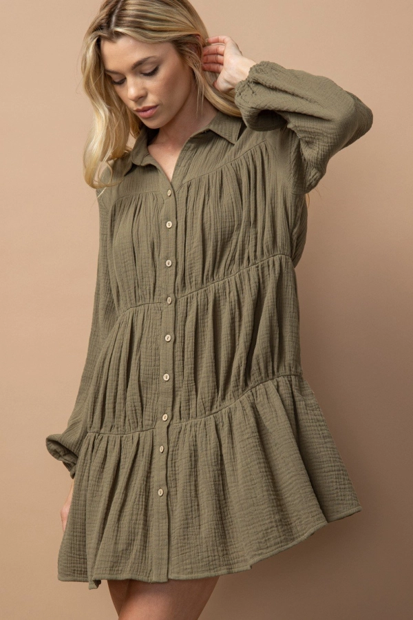 wholesale clothing olive mini dress with buttons and long sleeve In The Beginning