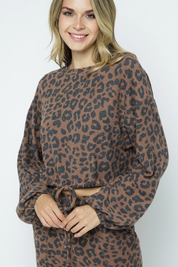 wholesale clothing camel leopard print long sleeve cropped loose fit top In The Beginning