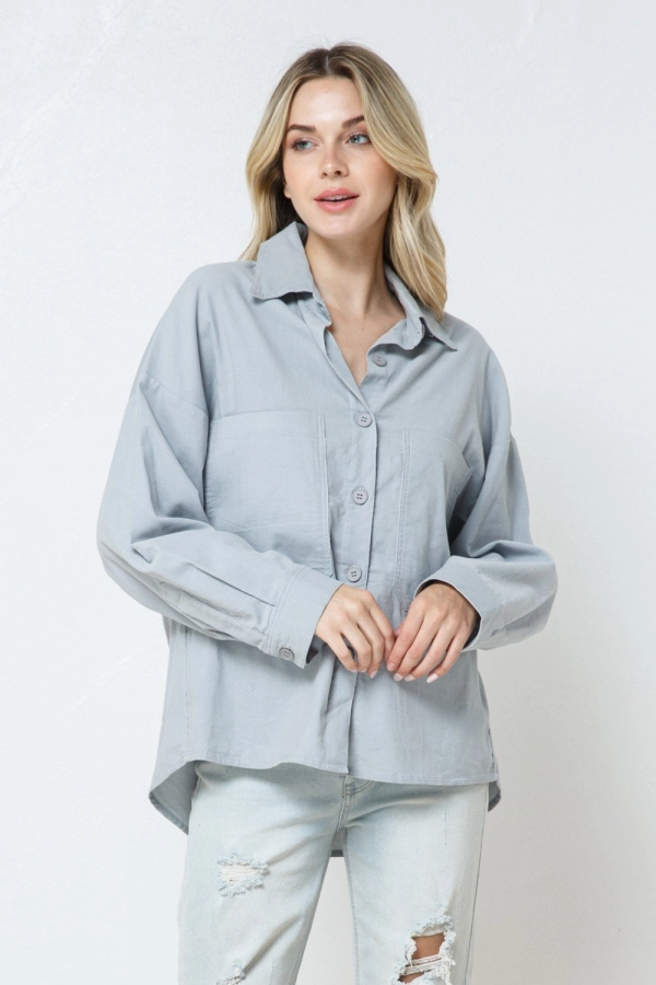 wholesale clothing heather grey shirt top with button down with long sleeve In The Beginning