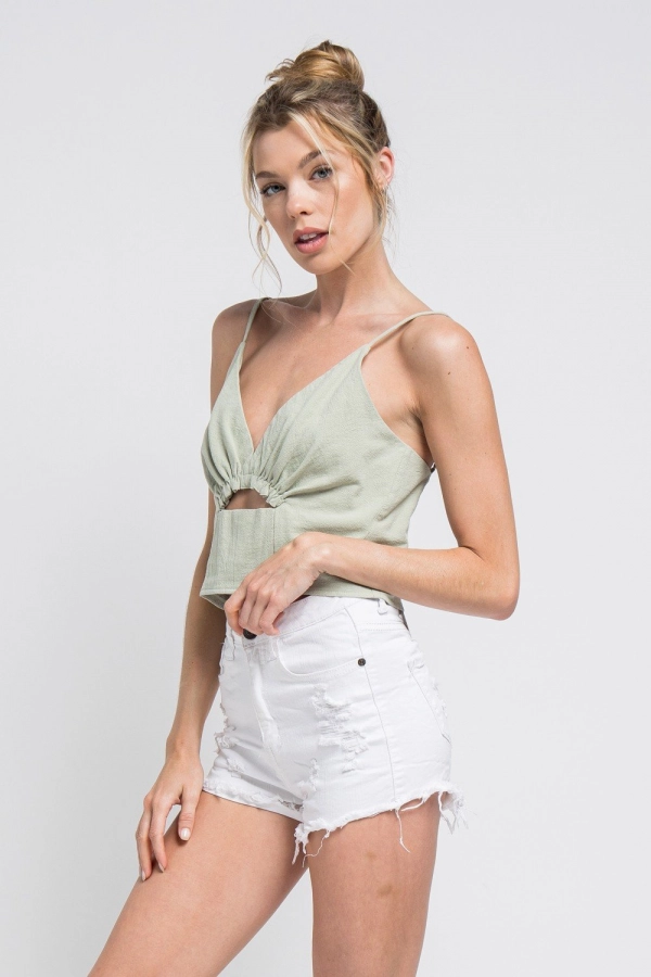 wholesale clothing sage sleeveless crop top with v neck In The Beginning