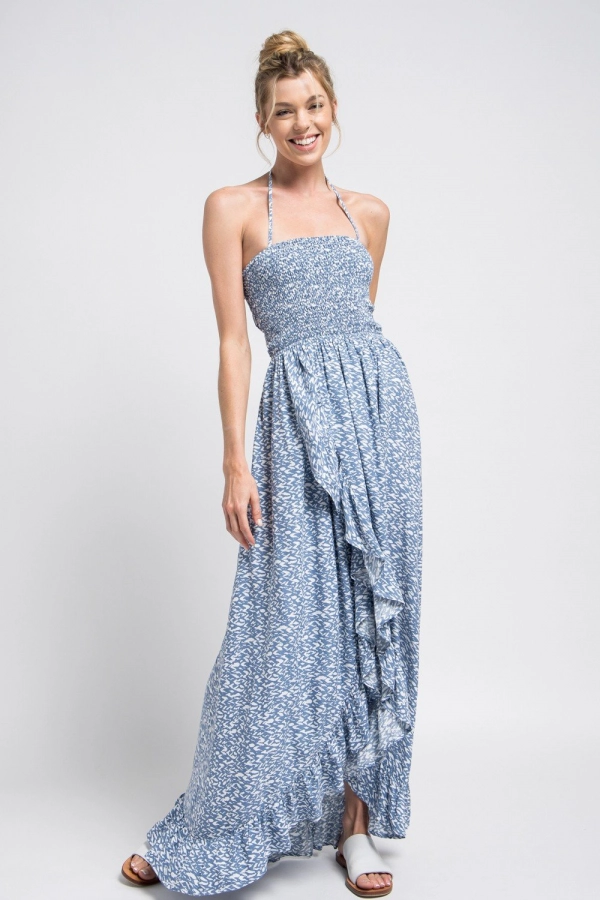 wholesale clothing blue maxi dress with spaghetti strap and wrapped details In The Beginning