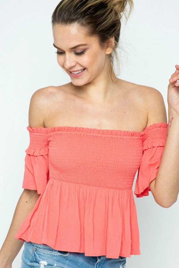 wholesale clothing flirt and tell off-shoulder coral top In The Beginning