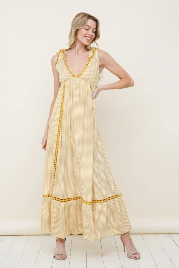 wholesale clothing yellow blue checkered sleeveless maxi dress with v neck In The Beginning