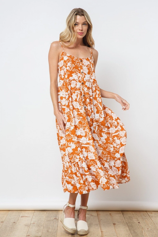 wholesale clothing burnt orange midi floral dress with spaghetti strap In The Beginning
