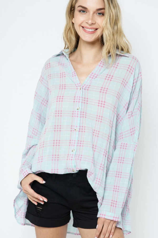 wholesale clothing pink plaid top with buttons and long sleeve In The Beginning