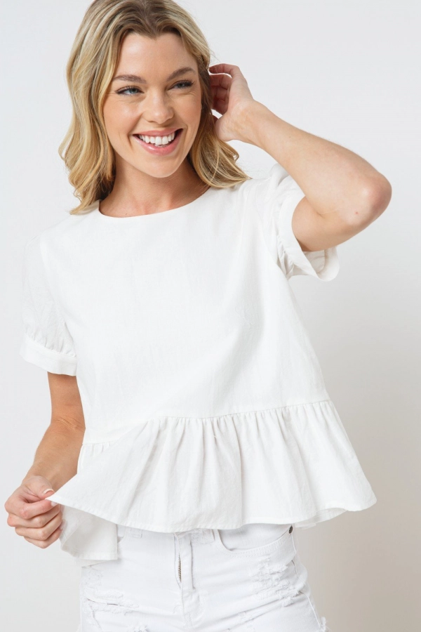 wholesale clothing off white round neck short sleeve top with key hole back In The Beginning