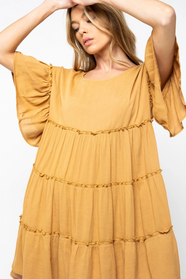 wholesale clothing mustard solid ruffle detailed mini dress with round neck In The Beginning