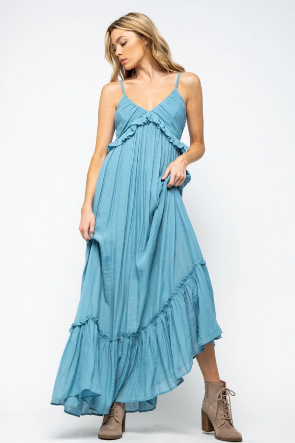 wholesale clothing blue solid maxi dress with spaghetti strap and v neck In The Beginning