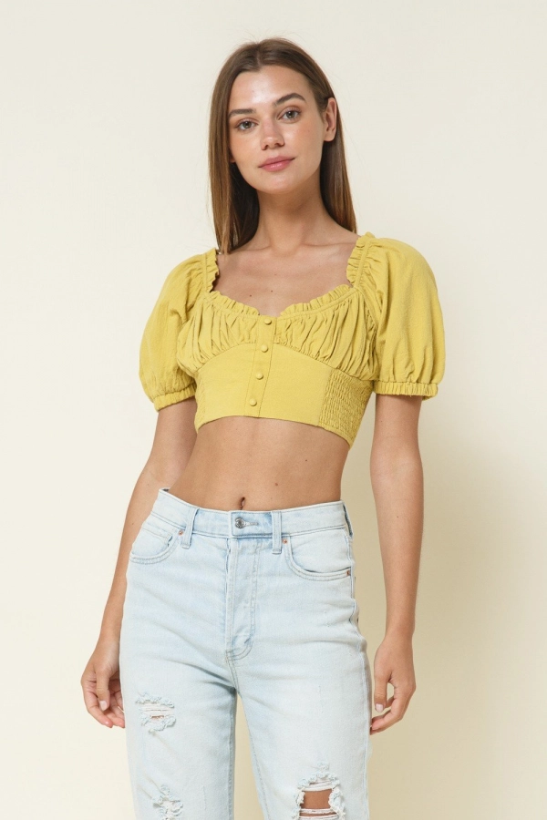 wholesale clothing mustard crop top with puff neck and v neack In The Beginning