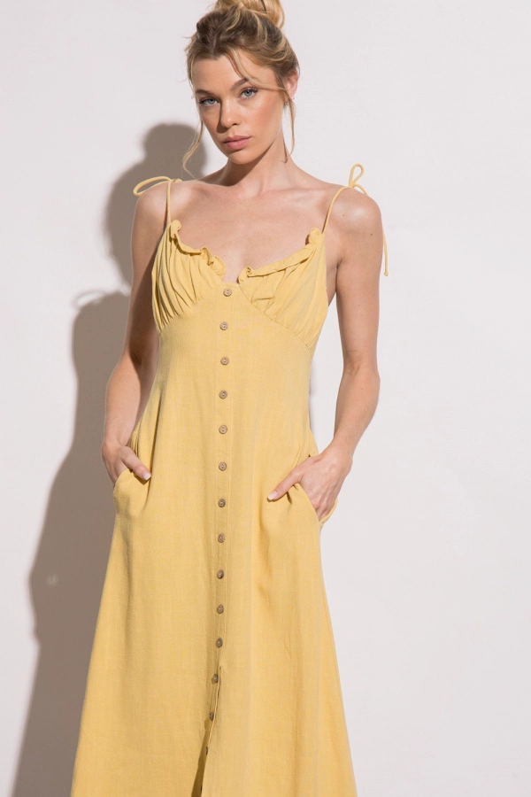 wholesale clothing mustard midi dress with spaghetti straps In The Beginning