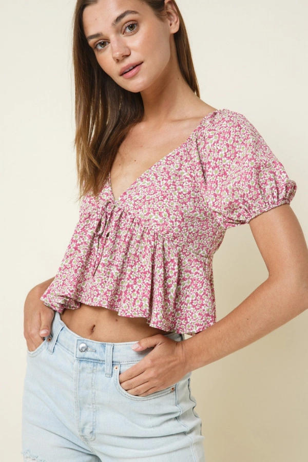 wholesale clothing pink floral flared top with puff neck and v neack In The Beginning