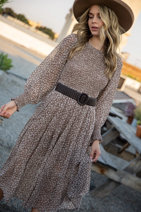 wholesale clothing brown floral midi dress with flared full sleeve In The Beginning
