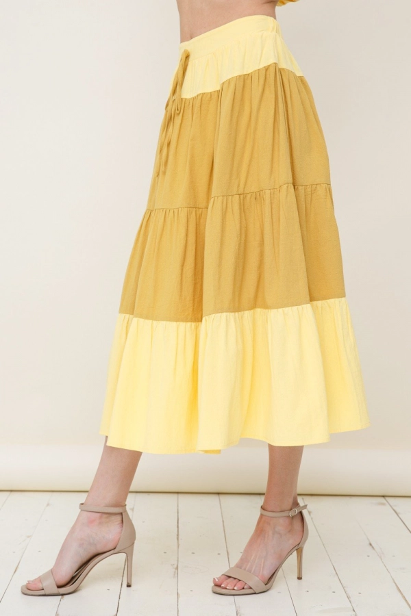 wholesale clothing yellow combo midi skirt with elastic waist In The Beginning