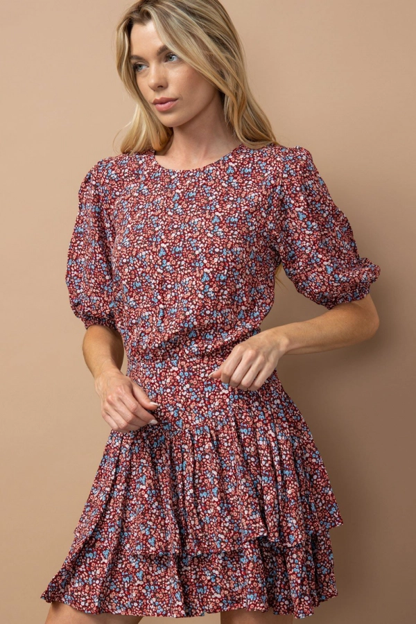 wholesale clothing red floral dress with round neck In The Beginning