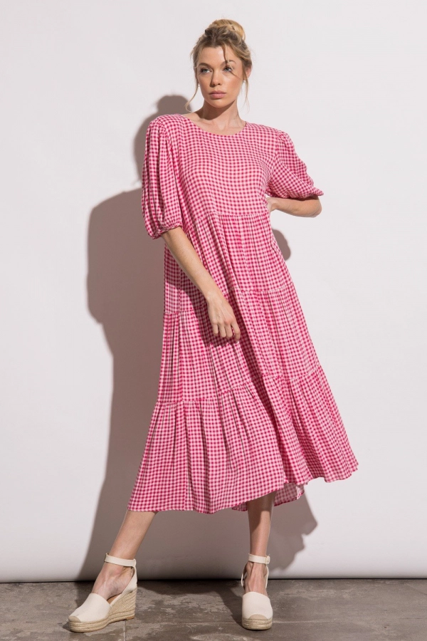 wholesale clothing hot pink polka dot midi dress with round neck In The Beginning