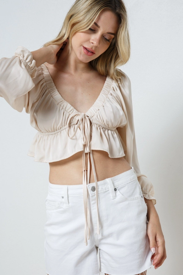wholesale clothing ivory cropped top with v neck and full sleeve In The Beginning
