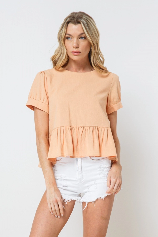 wholesale clothing peach round neck short sleeve top with key hole back In The Beginning