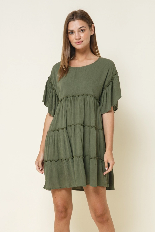 wholesale clothing olive mini dress with round neck and ruffle details In The Beginning