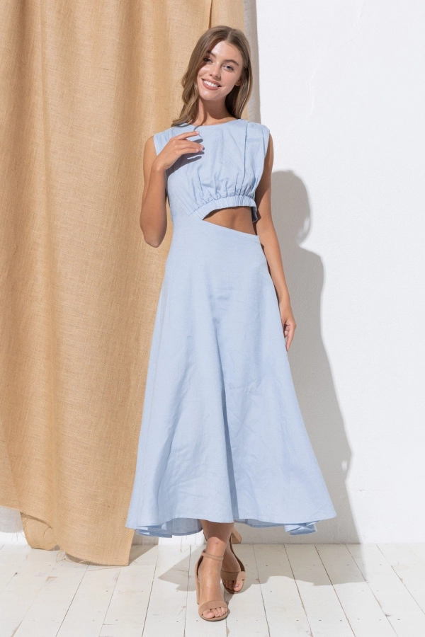 wholesale clothing light blue maxi dress with boat neck and stretch waist details In The Beginning