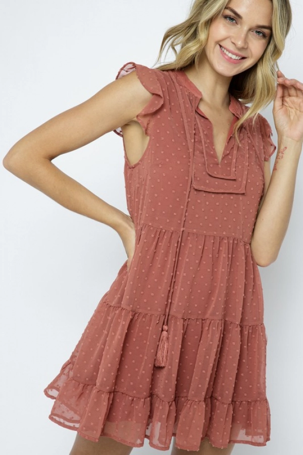 wholesale clothing rust mini dress with v neck and ruffle detail In The Beginning