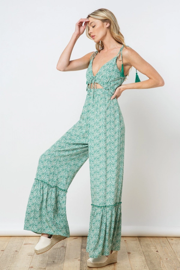 wholesale clothing kelly green floral printed wide leg pants In The Beginning