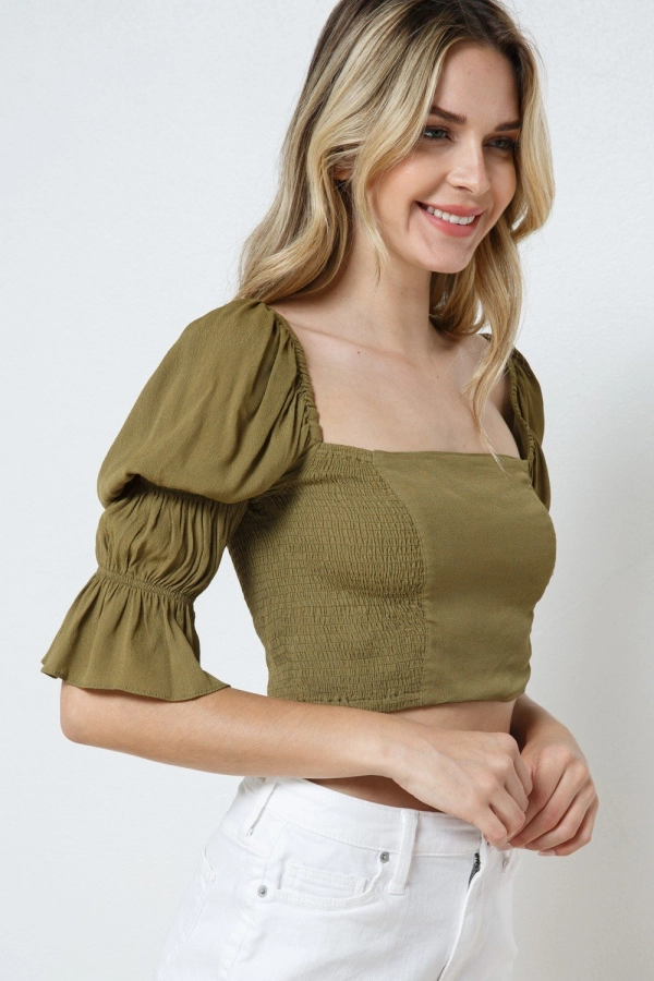 wholesale clothing olive crop top with square neck and puff sleeve In The Beginning