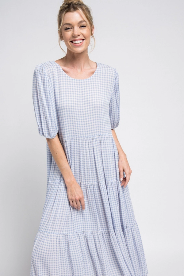 wholesale clothing blue plaid ruffle detailed midi dress with round neck In The Beginning