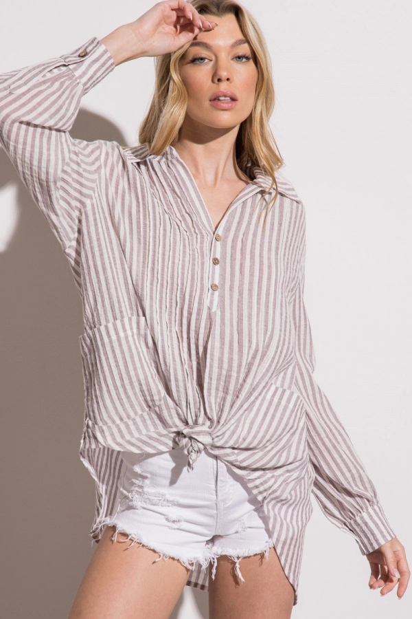 wholesale clothing mocha stripe top with buttons and full sleeve In The Beginning