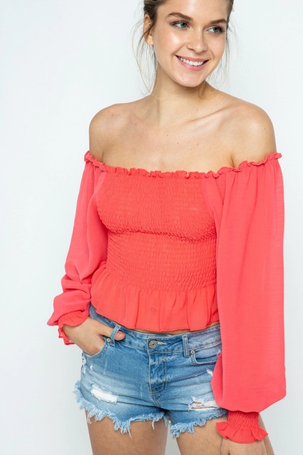 wholesale clothing bella of the ball off-shoulder coral top In The Beginning