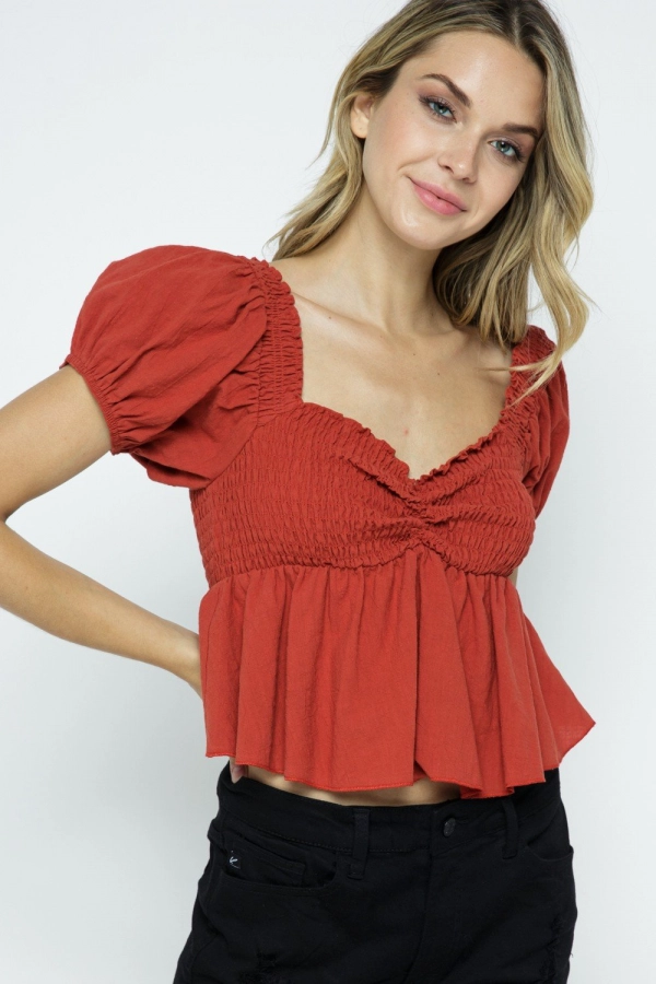 wholesale clothing love me rust solid top with square back and short sleeve In The Beginning