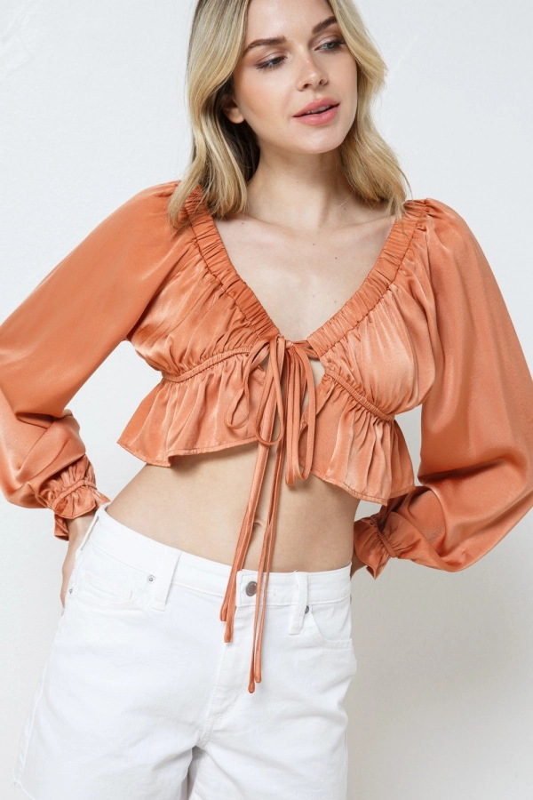 wholesale clothing tan  cropped top with v neck and full sleeve In The Beginning