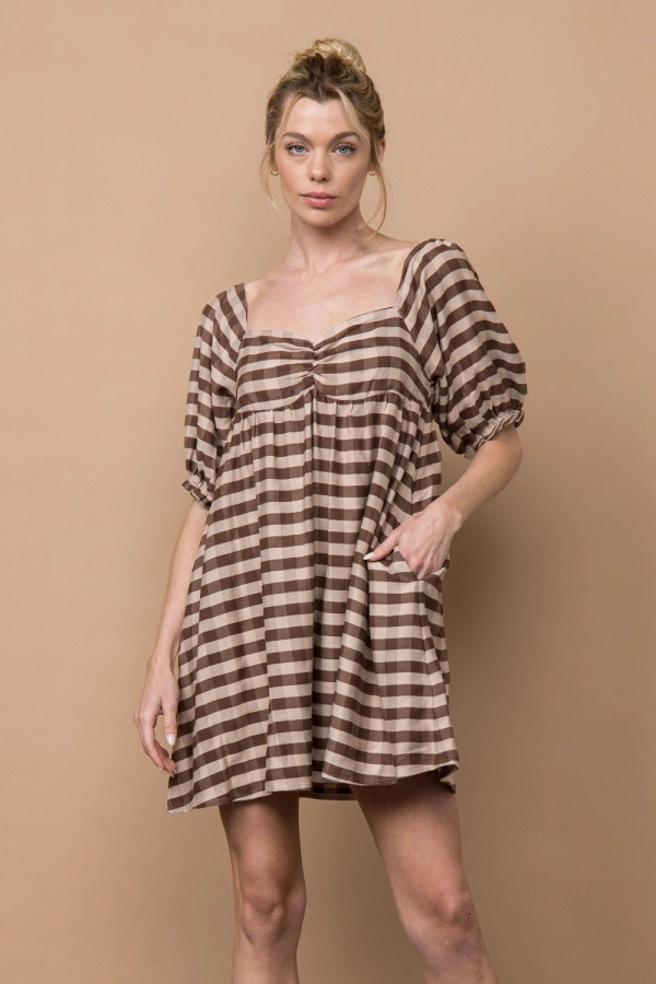 wholesale clothing brown plaid mini dress with pockets In The Beginning