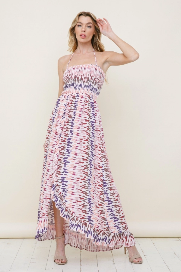 wholesale clothing pink multi maxi dress with square neck and spaghetti straps In The Beginning