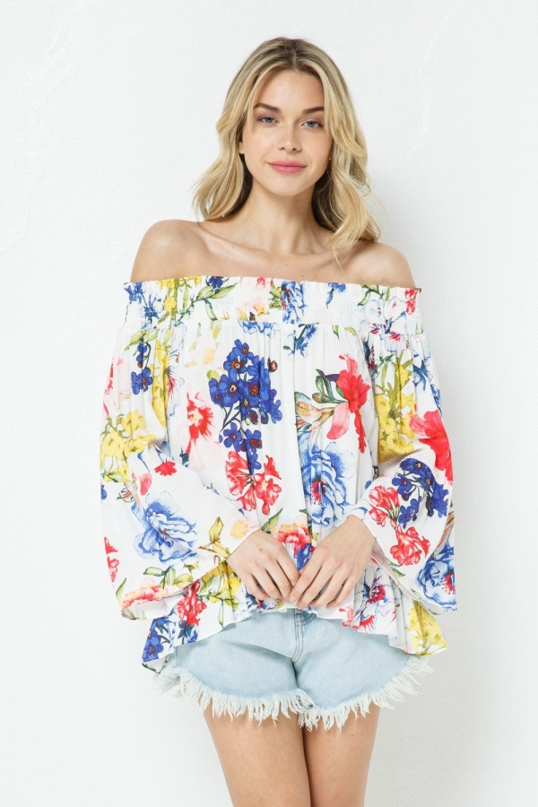 wholesale clothing white multi floral top with off shoulder In The Beginning