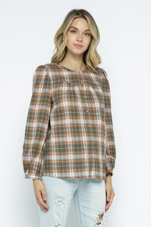 wholesale clothing olive plaid top with button and bell sleeve In The Beginning