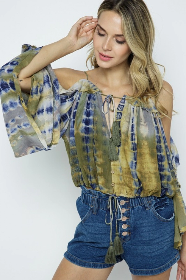 wholesale clothing olive multi off shoulder top with belted waist In The Beginning